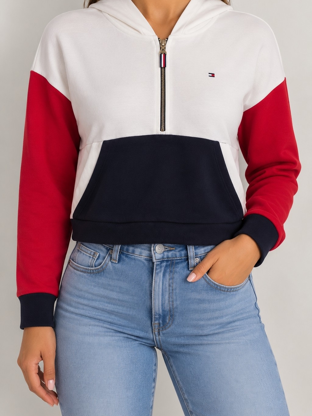 Tommy Hilfiger White, Red & Navy Colorblock Half-Zip Hoodie